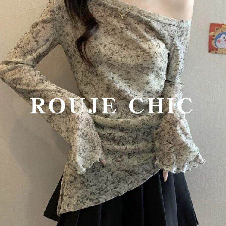 法国rouje chic不规则晕染斜肩网纱长袖t恤女春季一字肩修身上衣