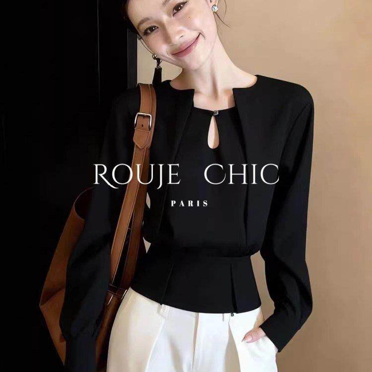 法国rouje chic法式黑色假两件镂空衬衫女早春复古风修身显瘦上衣