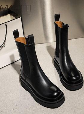 mona同款鞋马丁靴女真皮2025秋冬季靴子中筒厚底切尔西短靴烟筒靴