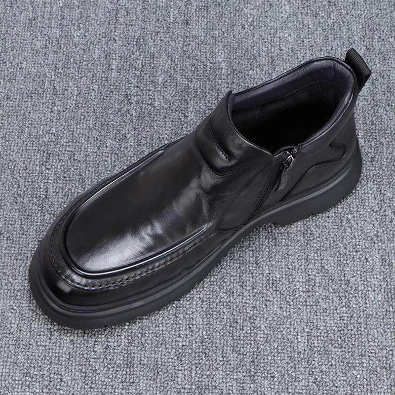 QWTG真皮男鞋冬季新款加绒保暖高帮鞋男拉链防滑厚底男款休闲皮鞋