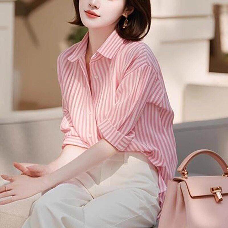 欧洲站粉色条纹翻领衬衫女高级感轻奢减龄洋派2025春秋冬雪纺衫潮