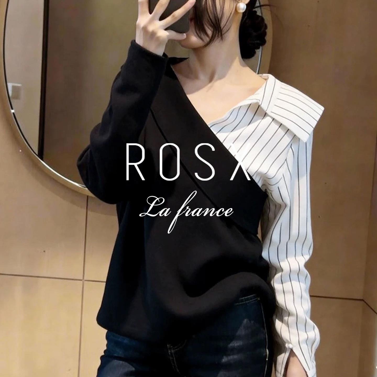 ROSX法式黑白撞色条纹V领假两件拼接衬衫女春季温柔通勤宽松上衣