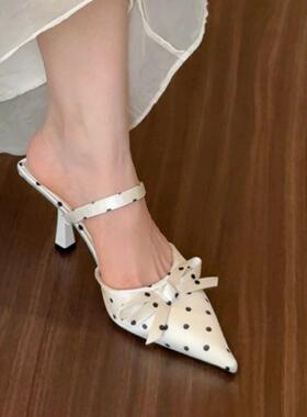 叁里温柔风波点蝴蝶结包头拖鞋女2026夏季新款尖头细跟外穿半拖鞋