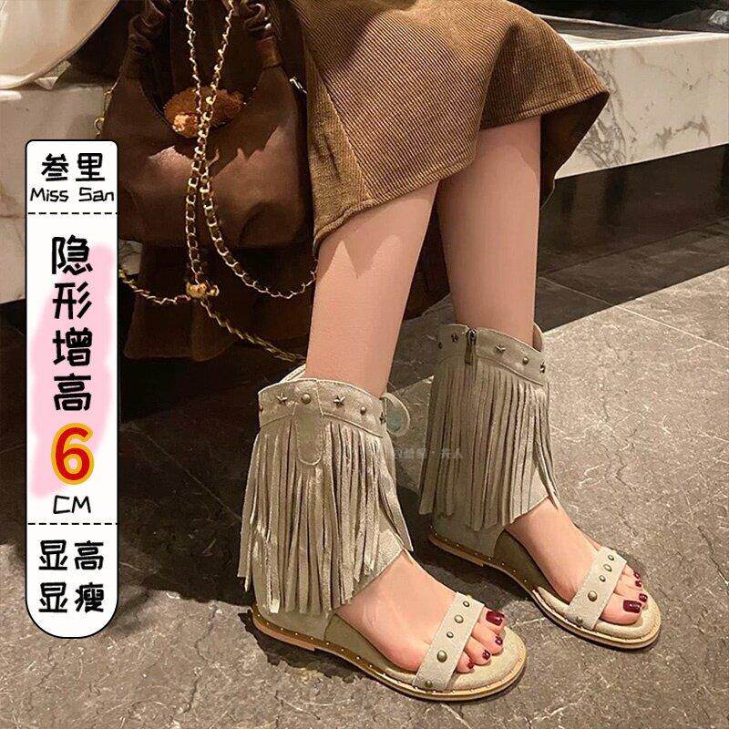 意大利SANLI~波西米亚超火流苏罗马凉鞋女新款铆钉镂空短靴凉靴子