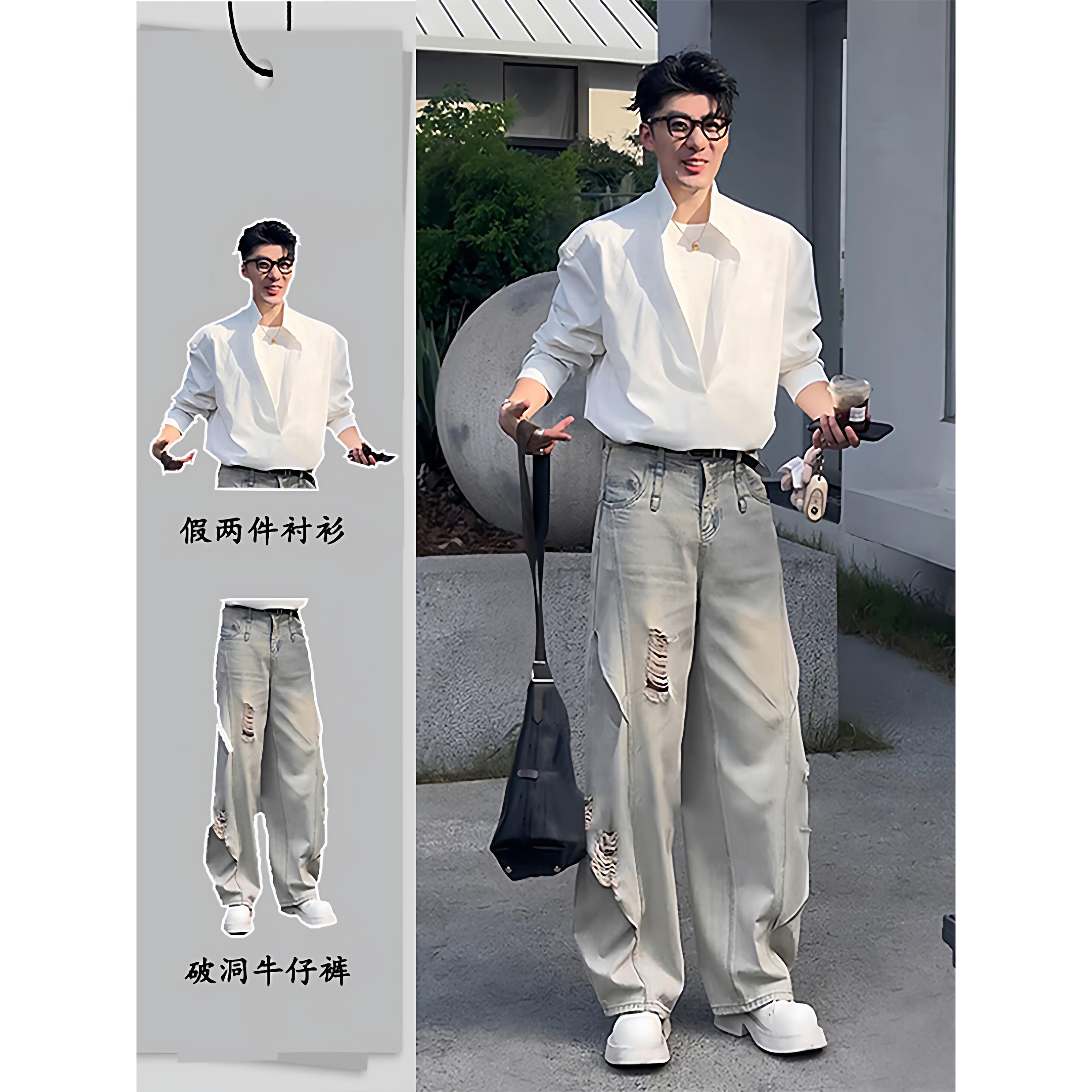 休闲套装男士春秋季2025新款高级感痞帅假两件立领衬衫外套两件套