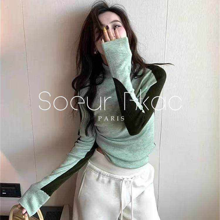 法国SOEUR BKAC秋季法式绿色撞色高领长袖针织衫女修身内搭打底衫