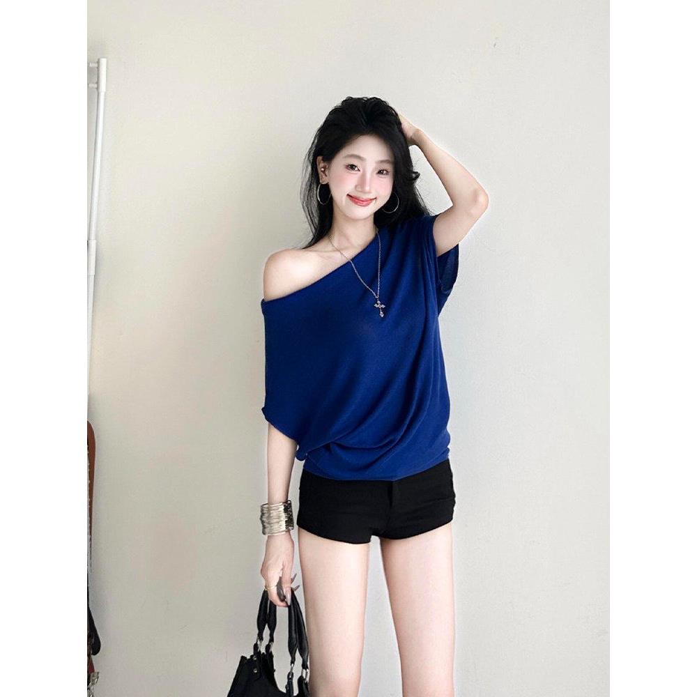 Rixo Kelly克莱因蓝针织冰丝宽松薄纱短袖t恤女夏季掐腰短款上衣