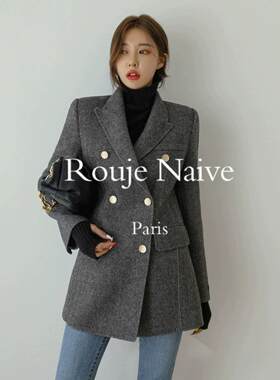 Rouje Naive高级感毛呢春秋外套人字纹中长款修身韩版呢子西服女