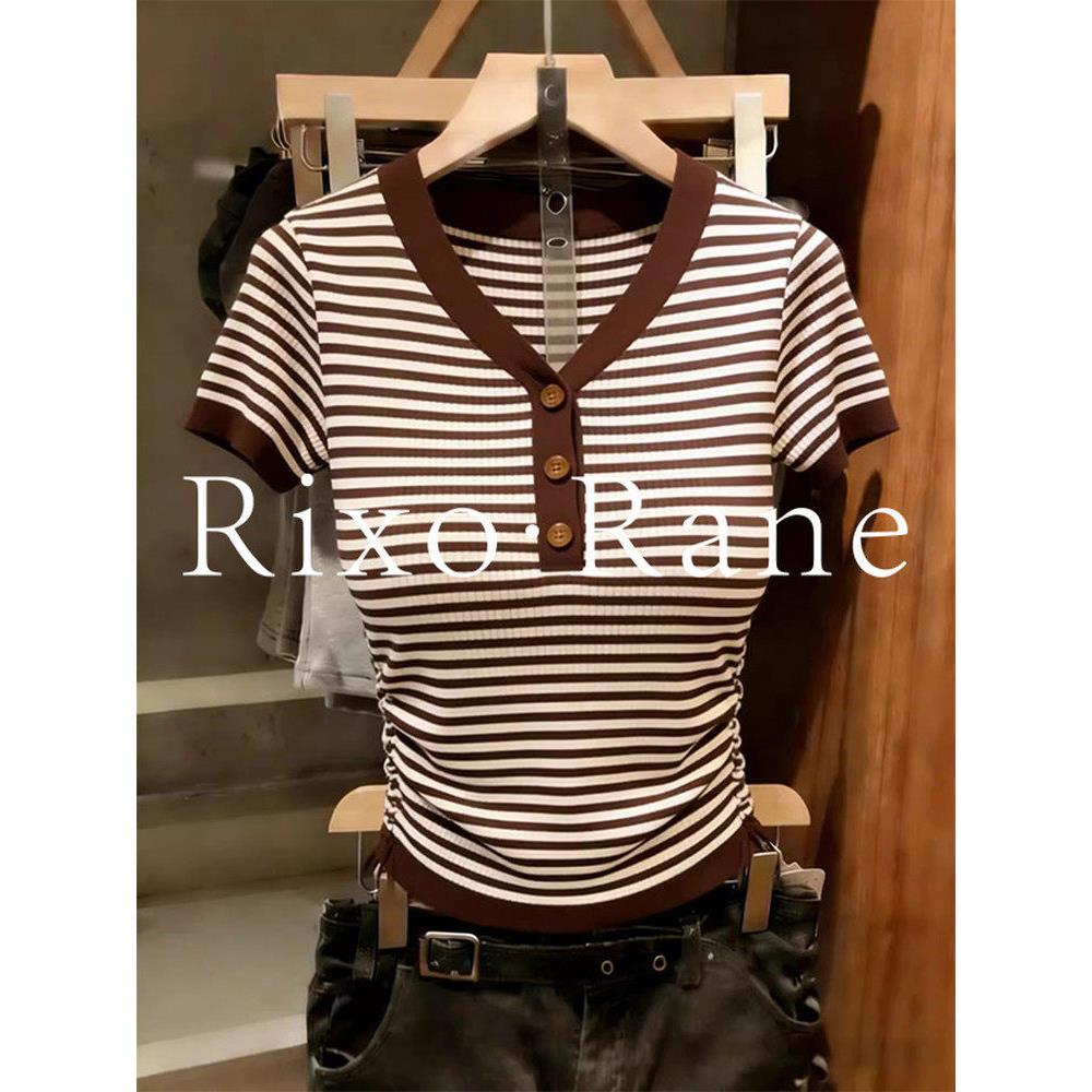 法国Rixo Rane ⭐设计感条纹V领纽扣短袖T恤女夏百搭修身显瘦上衣