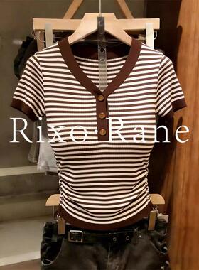 法国Rixo Rane ⭐设计感条纹V领纽扣短袖T恤女夏百搭修身显瘦上衣
