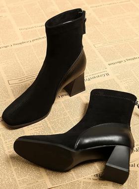 A.D Hepburn~高跟马丁靴女2024新款方头后拉炼 炼 粗跟小短靴冬季