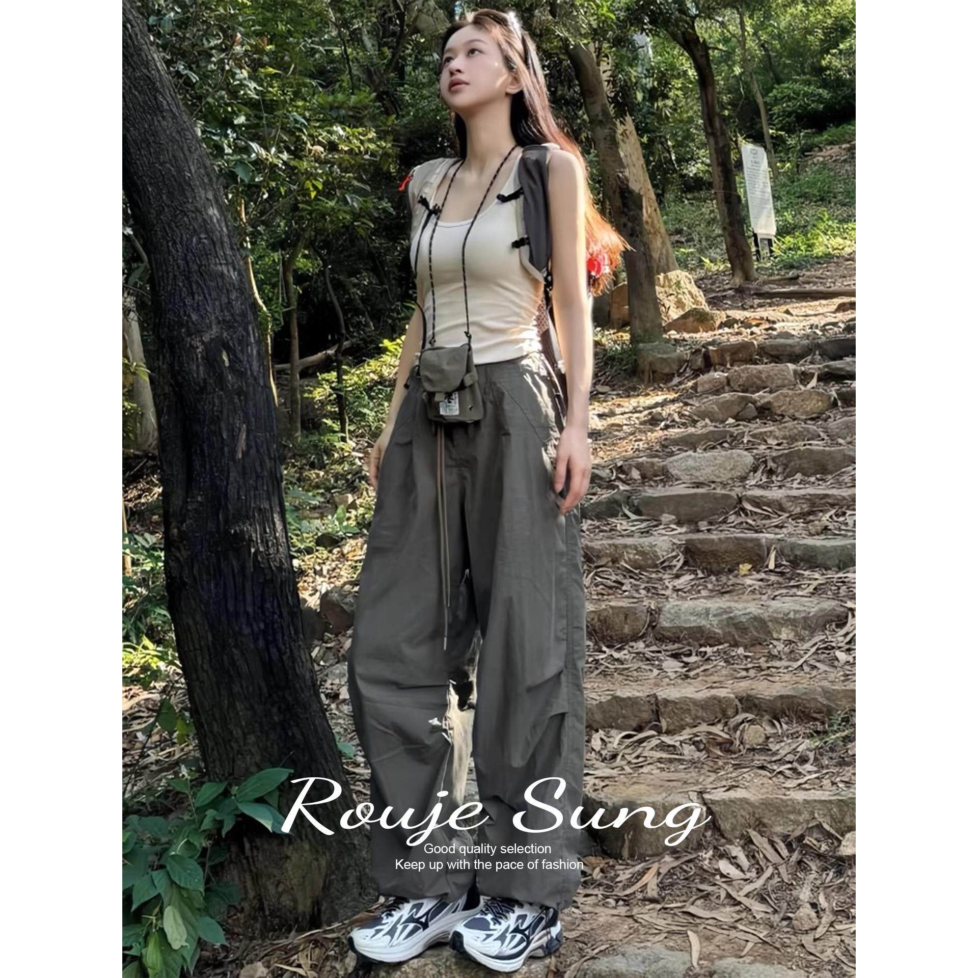 Rouje Sung夏季薄工装裤女士灰绿色户外运动裤高腰修身褶皱休闲裤
