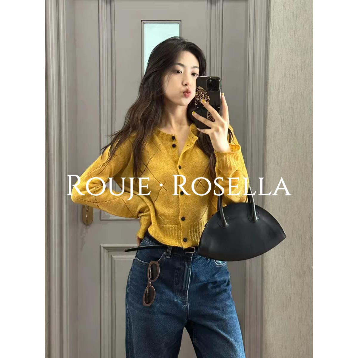 法国Rouje Rosella 时尚推荐⭐黄色菱格针织开衫女早春新款上衣