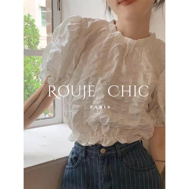 法国Rouje Chic法式夏季别致上衣女设计感温柔显瘦泡泡短袖衬衫