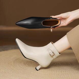 及踝靴 洋气软羊皮细跟5cm短靴女米白色真皮尖头高跟鞋 秋冬季 法式