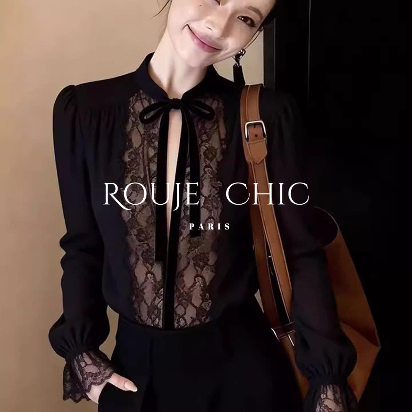 法国rouje chic黑色蕾丝蝴蝶结拼接长袖衬衫女早春高级感气质上衣