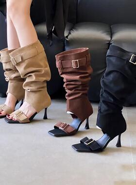 叁里韩版方头皮带扣堆堆靴女2026春夏新款时尚百搭高跟显瘦长筒靴