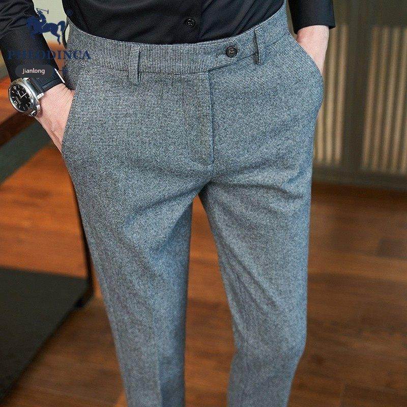 PHLODINCA 秋冬新款毛呢休闲西裤男直筒加厚格子商务磨毛西装裤