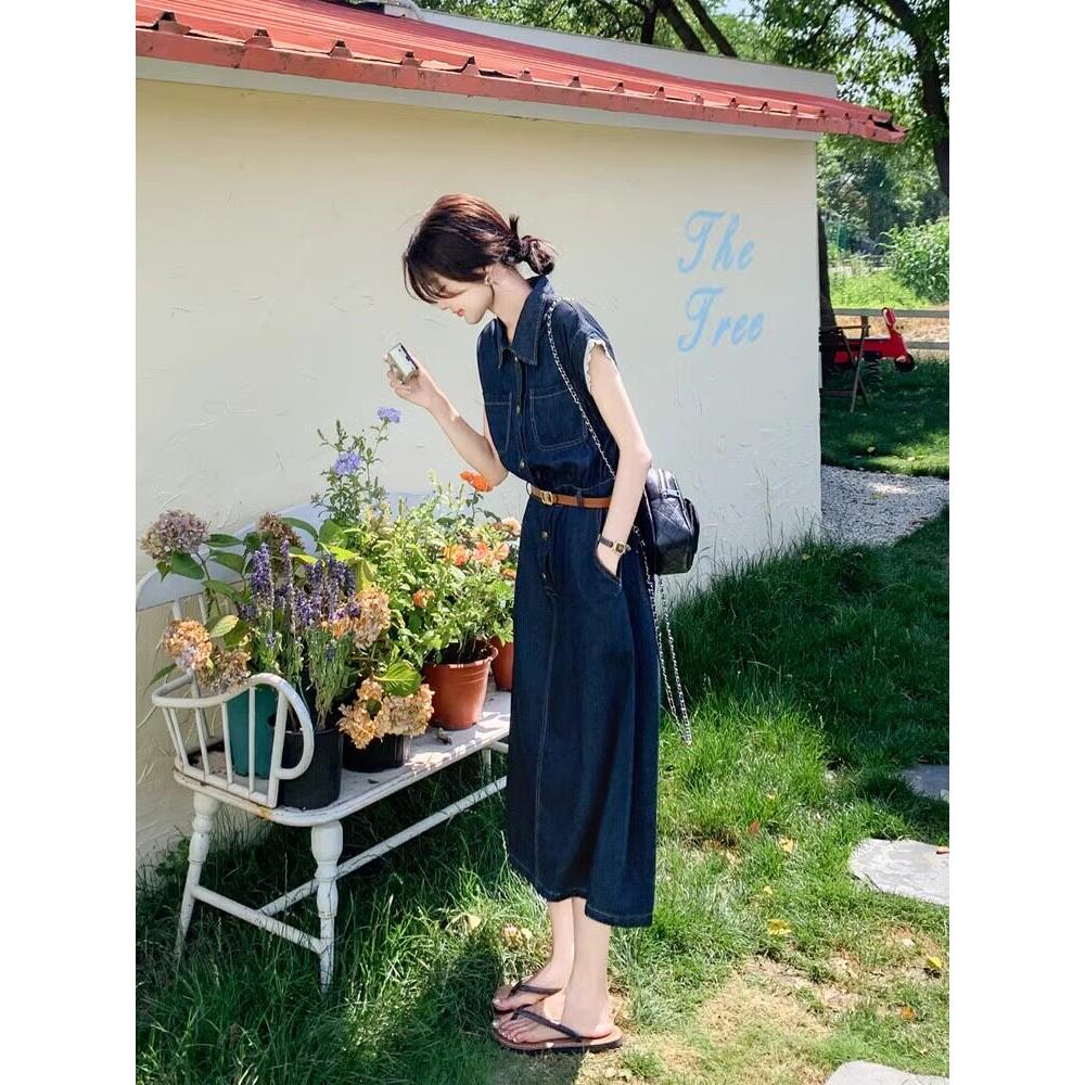 Chlenady香港风格牛仔裙女士夏季经典独特细腰别致修身衬衫长裙