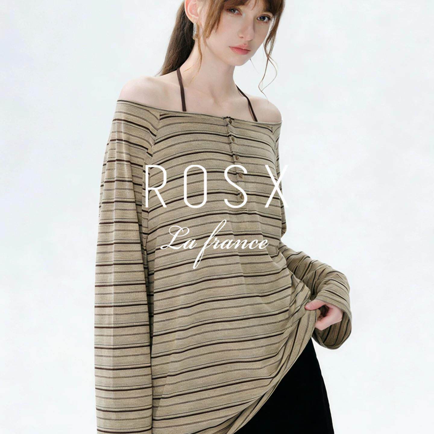 ROSX法式复古条纹撞色一字领露肩长袖T恤女早春慵懒宽松显瘦上衣