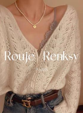 法国Rouje Renksy纯欲设计感镂空马海毛针织衫女秋冬小众薄款毛衣