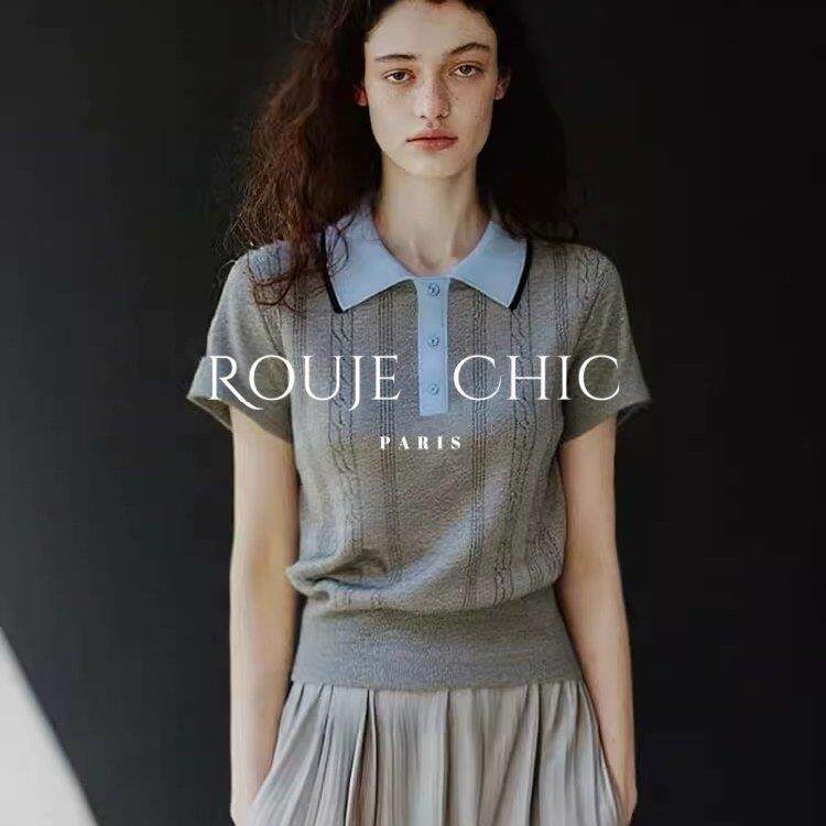 法国rouje chic法式灰色撞色POLO针织短袖T恤女夏季休闲百搭上衣