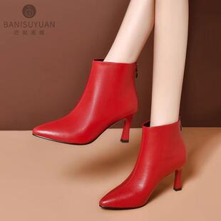 尖头短靴女细跟2025年冬季新款红色高跟鞋婚鞋软底真皮春秋单靴
