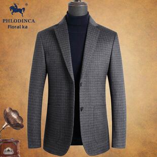 商务羊毛西服桑蚕丝单西毛呢外套潮 男冬季 PHLODINCA 格子羊绒西装