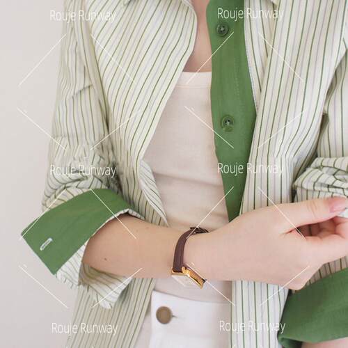 法式Rouje Runway绿条纹色织撞色长袖通勤高织棉感衬衫女宽松上衣