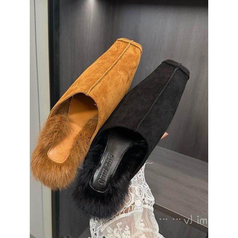 潮牌秋冬新款毛毛方头深口绒面懒人穆勒鞋平底包头半拖鞋女凉拖鞋,女鞋,毛毛鞋,淘宝优惠券,粉丝福利购,淘宝优惠卷