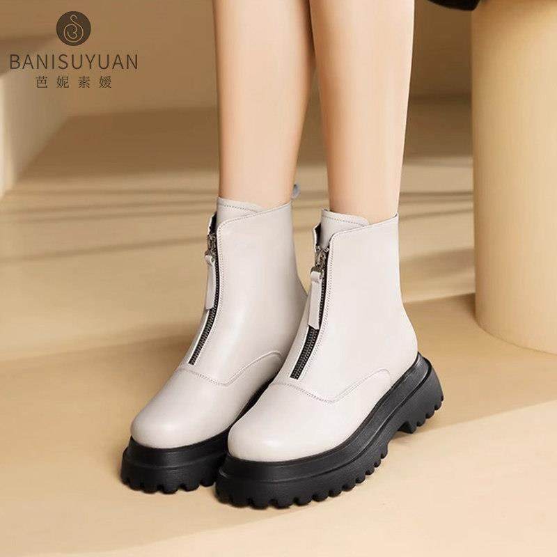 厚底短靴女真皮2025年秋冬季新款加绒加厚保暖棉靴前拉链马丁靴