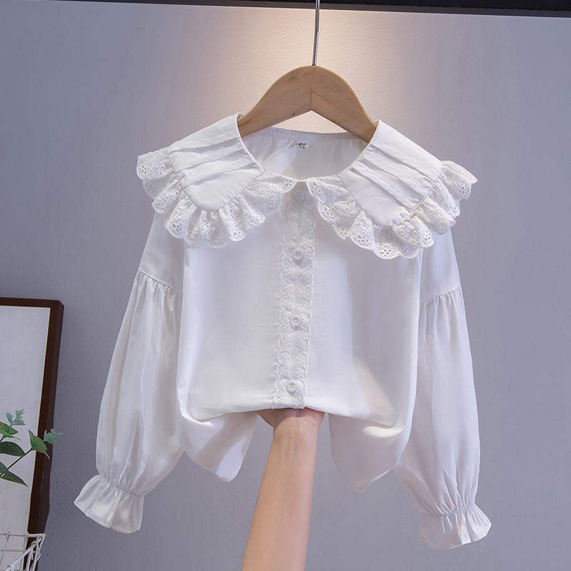女童娃娃领长袖衬衫2025春秋新款中大儿童洋气小女孩纯棉白色衬衣