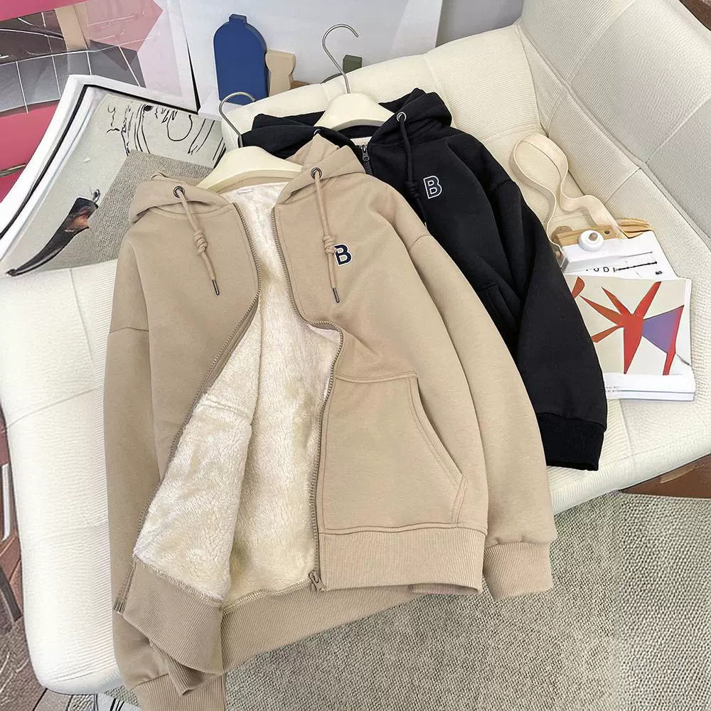 加绒加厚连帽羊羔绒卫衣女秋冬季情侣款宽松保暖长袖开衫拉链外套