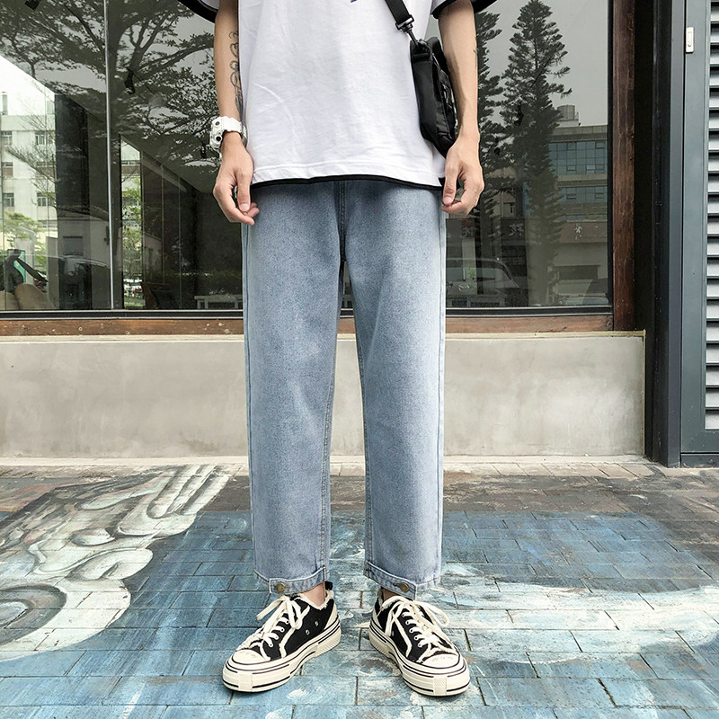 钮扣束脚设计INS简约老爹裤港风宽松直筒牛仔裤/K06P45,男装牛仔裤,电商D325