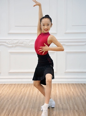 NF宁方舞服少儿女拉丁舞花样蕾丝连体上衣 下摆侧边镂空&流苏#026