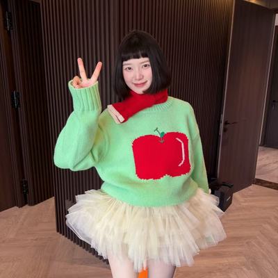 wyd小樱桃 韩系粗针苹果绿可爱毛衣