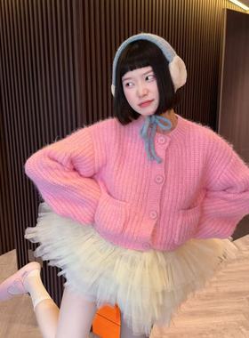 wyd小樱桃 韩系奶油粉粗针圆领毛衣