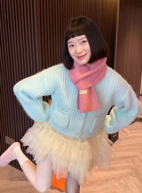 wyd小樱桃 韩系浅蓝色粗针圆领毛衣