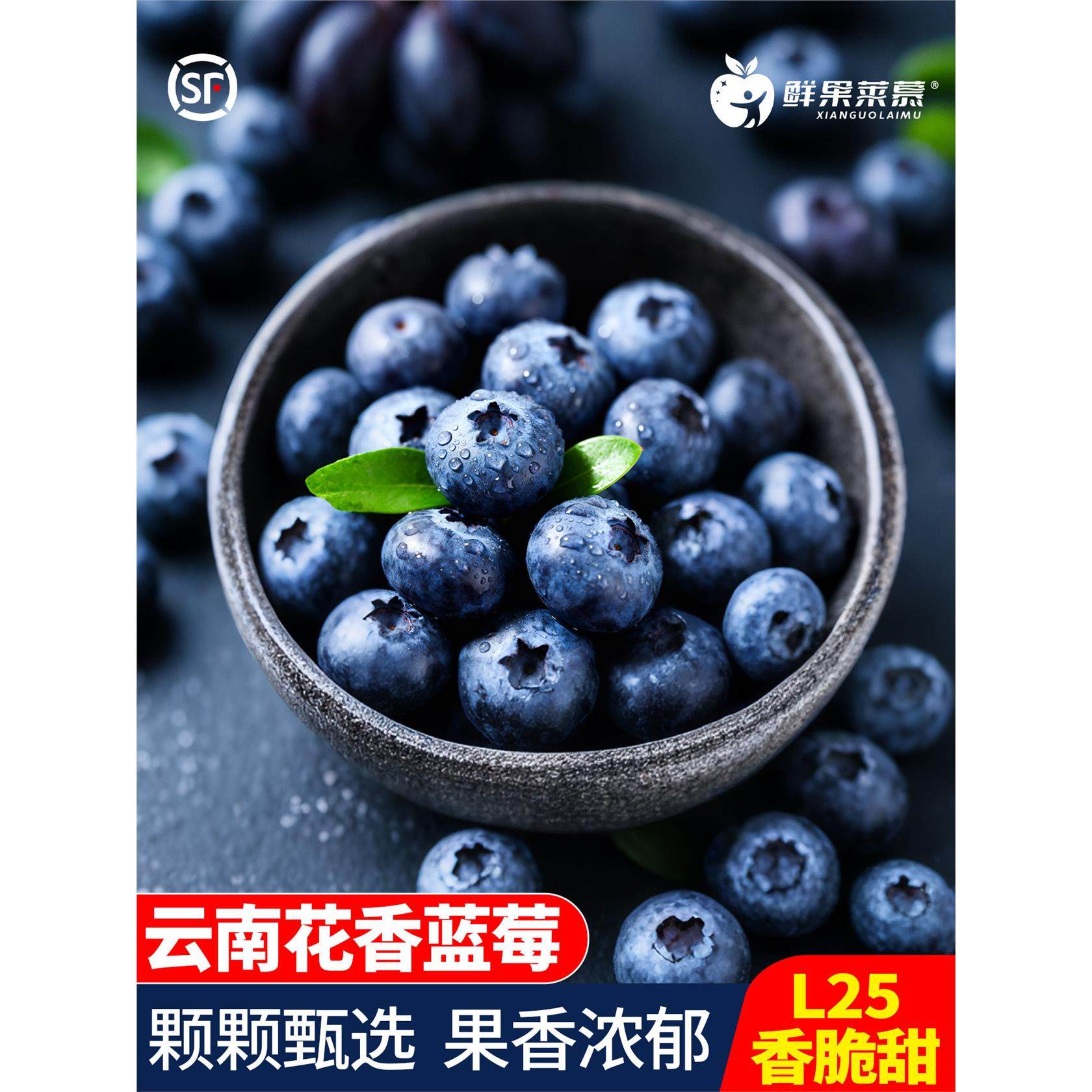 【顺丰空运】云南L25花香蓝莓鲜果新鲜水果香脆甜多汁特级125g/盒,包装,水果包装,淘宝优惠券,粉丝福利购,淘宝优惠卷