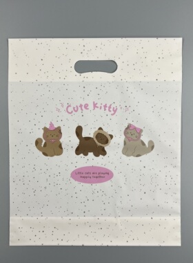 斑点小猫咪手提袋奶油黄色塑料挖孔袋加厚迷你袋子饰品内衣化妆品