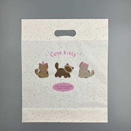 斑点小猫咪手提袋奶油黄色塑料挖孔袋加厚迷你袋子饰品内衣化妆品