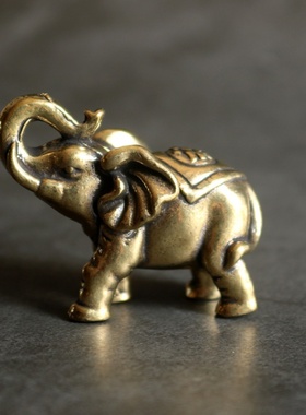 复古实心纯黄铜办公桌面车载小摆件福财大象随身工艺品手把玩件