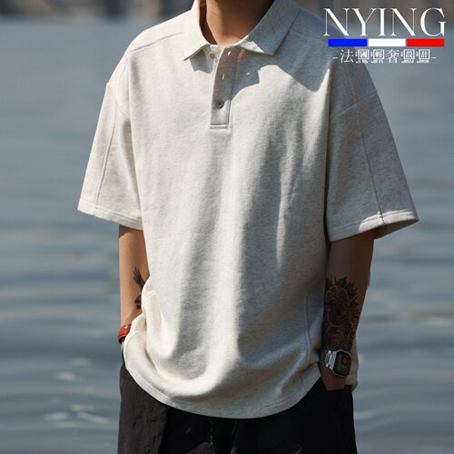 NYING法国轻奢高端休闲重磅短袖POLO衫男拼接裁剪花灰色翻领T恤衫