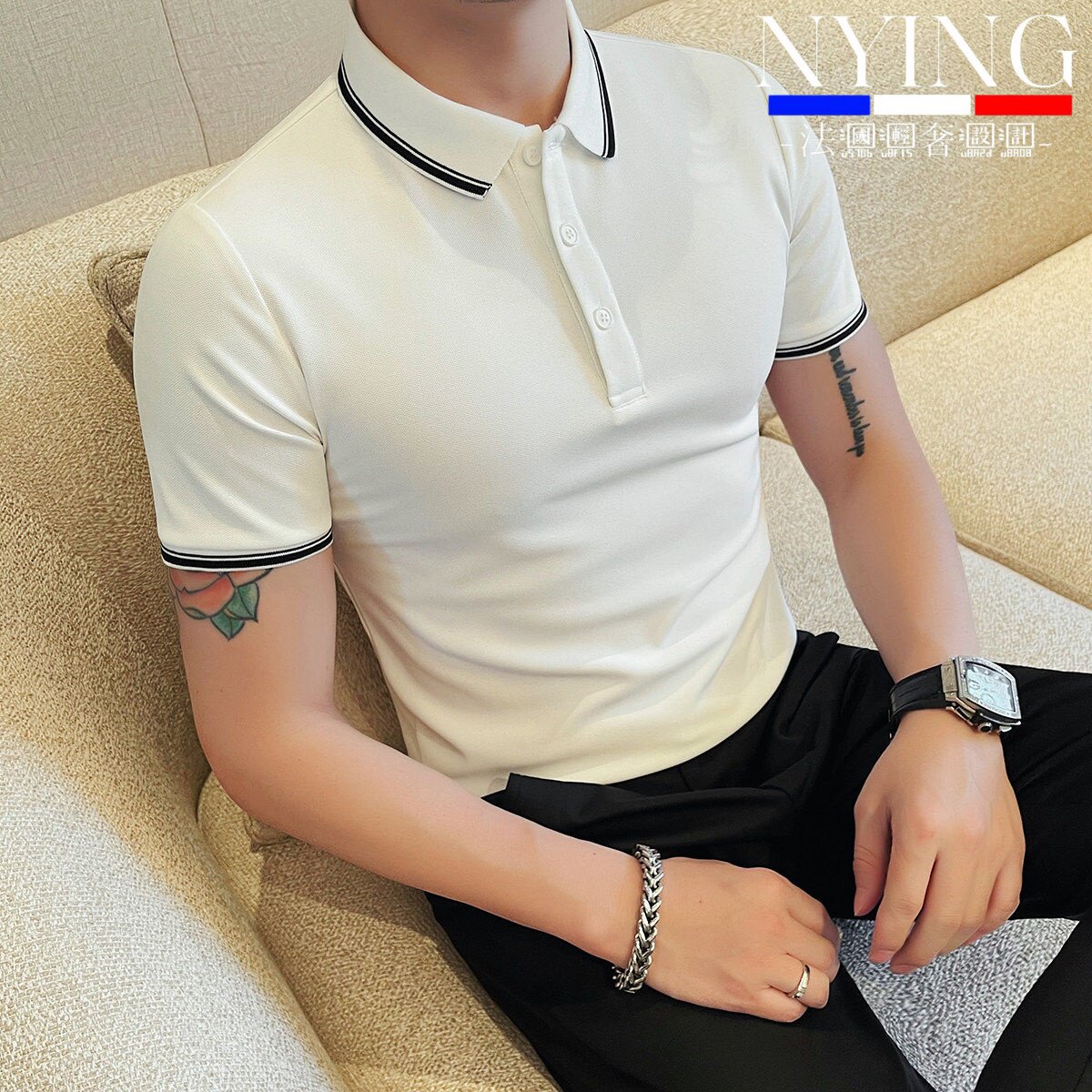 NYING法国男士短袖Polo衫夏季时尚潮流高级感商务百搭撞色翻领t恤