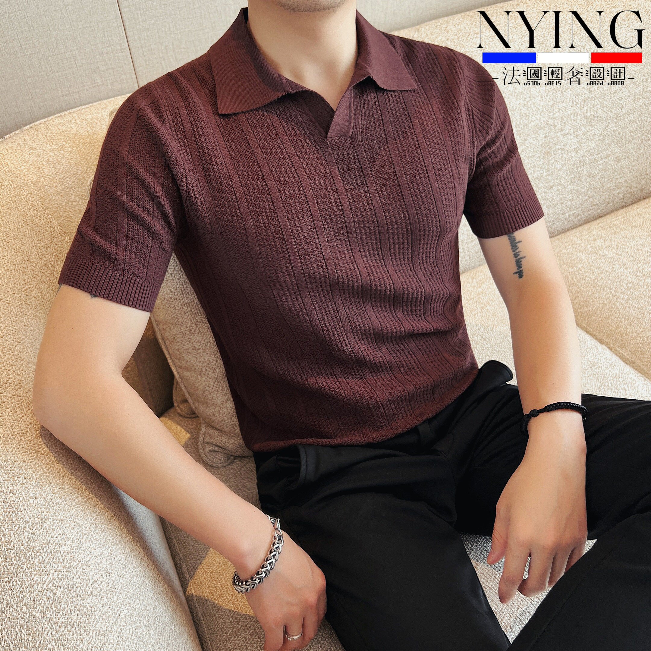 NYING法国针织polo衫男短袖夏季新款凉感修身商务休闲翻领冰丝T恤