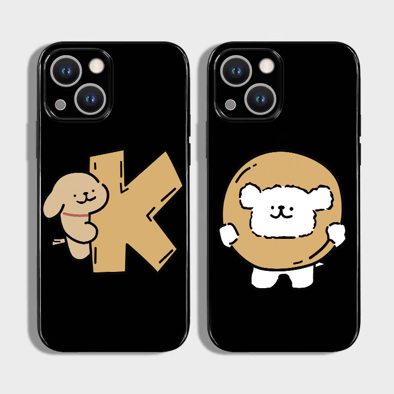 韩国小众个性情侣卡通狗狗手机壳适用苹果16promax新款iphone14亮黑色15pro硅胶13磨砂12男11超薄x全包防摔软