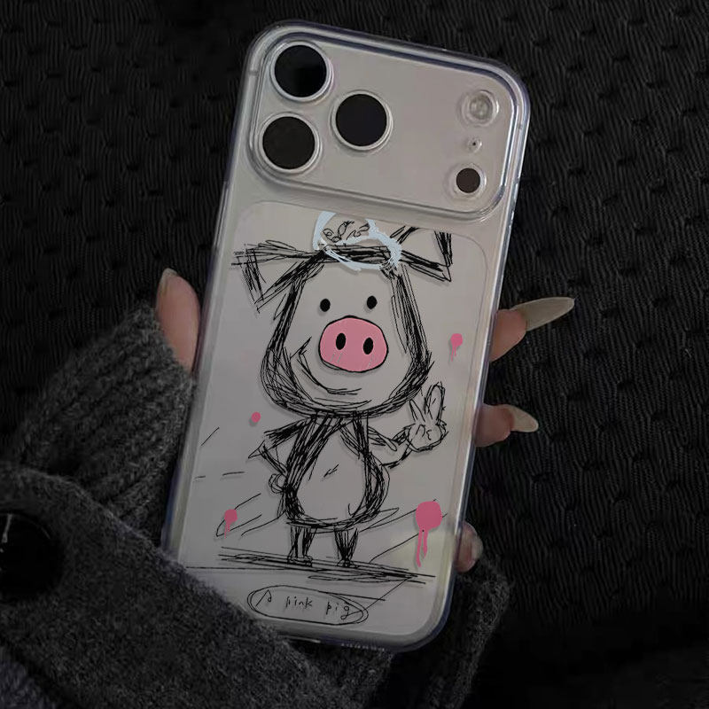 线条小猪 原创小众高级感适用iPhone17promax手机壳苹果16pro/15防摔14硅胶软壳13黑色12全包14不会撞壳