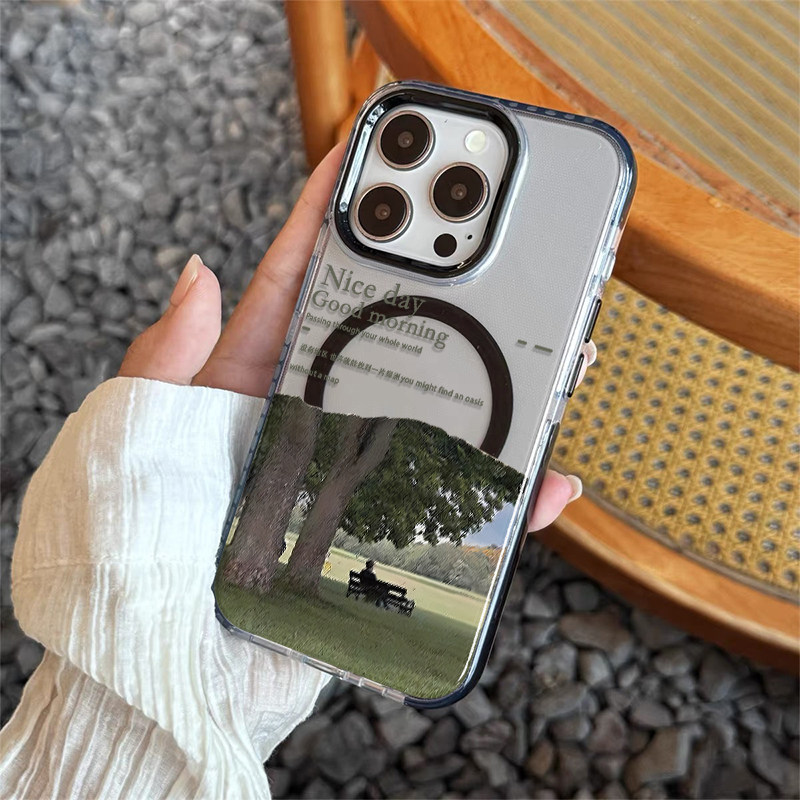 韩国ins树影英文手机壳适用苹果16pro max新款iphone15高级黑边透明带磁吸艺术13个性14男女款15promax情侣16