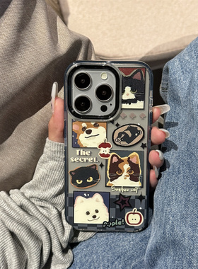 ins日韩趣味格子小狗适用苹果17promax不会撞壳手机壳新款iPhone17pro亮黑色17透明14男女16全包防摔12情侣