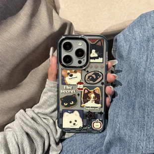 ins日韩趣味格子小狗适用苹果17promax不会撞壳手机壳新款iPhone17pro亮黑色17透明14男女16全包防摔12情侣